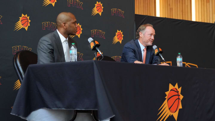 May 17, 2024; Phoenix, AZ, USA; Mike Budenholzer speaks alongside General Manager James Jones during a press conference to announce his job as head coach of the Phoenix Suns. Mandatory Credit: Joe Camporeale-USA TODAY Sports