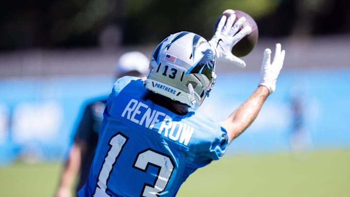 Jul 26, 2025; Charlotte, NC, USA; Carolina Panthers wide receiver Hunter Renfrow (13) makes a catch during training camp. Mandatory Credit: Scott Kinser-Imagn Images