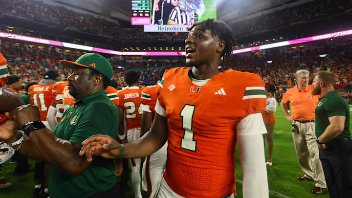 Miami quarterback Cam Ward (1) after the Hurricanes' close win