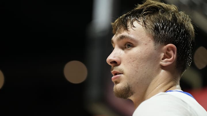 Jul 10, 2025; Las Vegas, NV, USA; Dallas Mavericks forward Cooper Flagg (32) looks on against the Los Angeles Lakers in the fourth quarter of their game at Thomas & Mack Center. Mandatory Credit: Candice Ward-Imagn Images