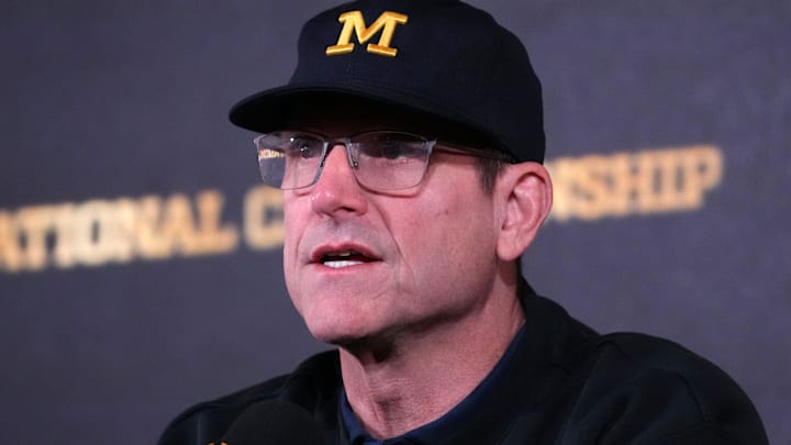 Jan 9, 2024; Houston, TX, USA; Michigan Wolverines coach Jim Harbaugh during College Football
