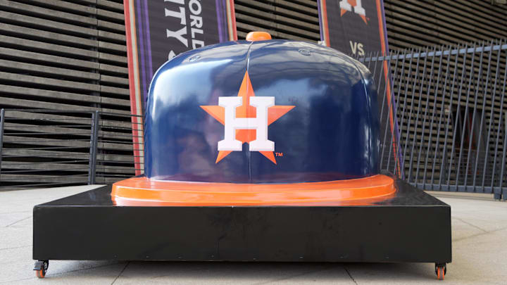 Apr 27, 2024; Mexico City, Mexico; A large Houston Astros helmet at the MLB World Tour Mexico Series game at Estadio Alfredo Harp Helu. Mandatory Credit: Kirby Lee-Imagn Images