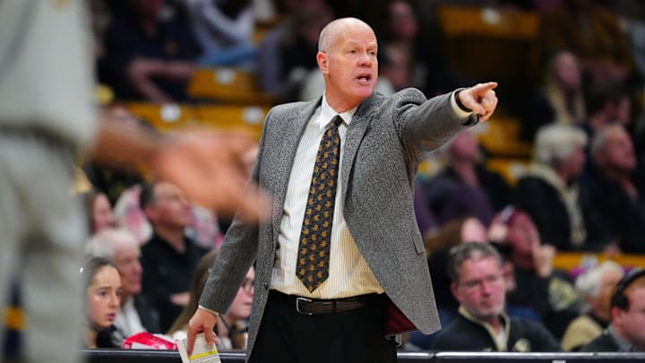 Jan 12, 2025; Boulder, Colorado, USA; Colorado Buffaloes head coach Tad Boyles calls out in the second half against the West Virginia Mountaineers at CU Events Center.