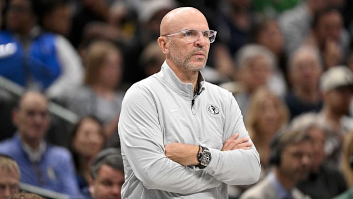 Apr 9, 2025; Dallas, Texas, USA; Dallas Mavericks head coach Jason Kidd looks on during the third quarter against the Los Angeles Lakers at the American Airlines Center. Mandatory Credit: Jerome Miron-Imagn Images Apr 9, 2025; Dallas, Texas, USA; Dallas Mavericks head coach Jason Kidd looks on during the third quarter against the Los Angeles Lakers at the American Airlines Center. Mandatory Credit: Jerome Miron-Imagn Images