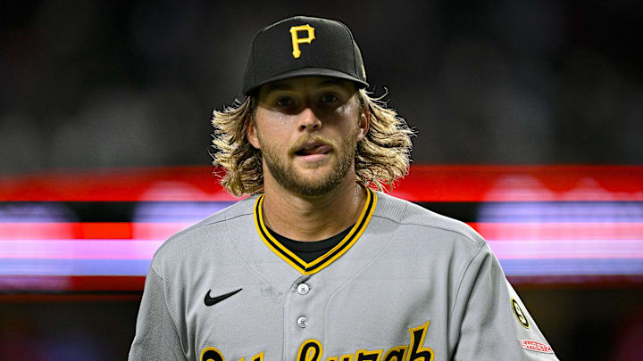 Apr 21, 2026; Arlington, Texas, USA; Pittsburgh Pirates starting pitcher Carmen Mlodzinski (50) comes off the field after he pitches against the Texas Rangers during the first inning at Globe Life Field. Mandatory Credit: Jerome Miron-Imagn Images
