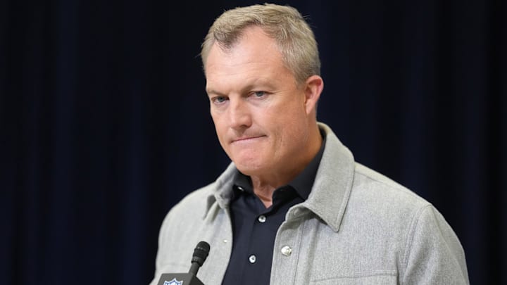Feb 24, 2026; Indianapolis, IN, USA; San Francisco 49ers general manager John Lynch speaks at the NFL Scouting Combine at the Indiana Convention Center. Mandatory Credit: Kirby Lee-Imagn Images