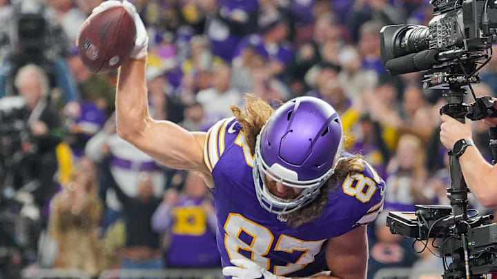 Nov 27, 2023; Minneapolis, Minnesota, USA; Minnesota Vikings tight end T.J. Hockenson (87) celebrates his touchdown against the Chicago Bears in the fourth quarter at U.S. Bank Stadium. Mandatory Credit: Brad Rempel-Imagn Images