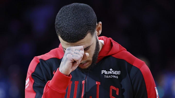 Oct 16, 2024; Chicago, Illinois, USA; Chicago Bulls guard Lonzo Ball (2) reacts before a game against the Minnesota Timberwolves at United Center. Mandatory Credit: Kamil Krzaczynski-Imagn Images