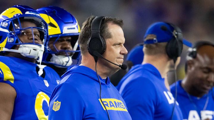 Jan 13, 2025; Glendale, AZ, USA; Los Angeles Rams defensive line coach Giff Smith against the Minnesota Vikings during an NFC wild card game at State Farm Stadium. Mandatory Credit: Mark J. Rebilas-Imagn Images Jan 13, 2025; Glendale, AZ, USA; Los Angeles Rams defensive line coach Giff Smith against the Minnesota Vikings during an NFC wild card game at State Farm Stadium. Mandatory Credit: Mark J. Rebilas-Imagn Images