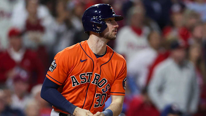 Nov 2, 2022; Philadelphia, Pennsylvania, USA; Houston Astros right fielder Kyle Tucker (30) hits a one run sacrifice fly against the Philadelphia Phillies during the fifth inning in game four of the 2022 World Series at Citizens Bank Park.