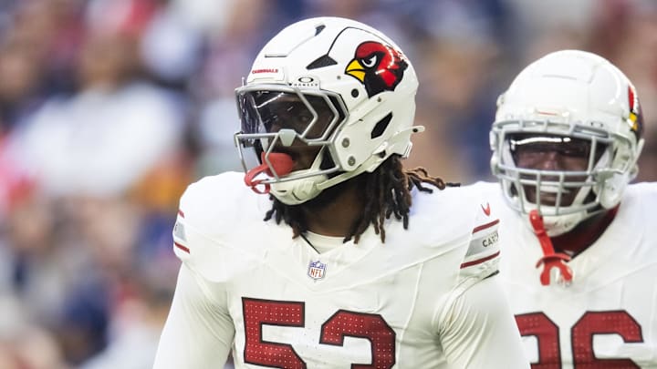 Dec 15, 2024; Glendale, Arizona, USA; Arizona Cardinals linebacker Baron Browning (53) against the New England Patriots at State Farm Stadium. Mandatory Credit: Mark J. Rebilas-Imagn Images Dec 15, 2024; Glendale, Arizona, USA; Arizona Cardinals linebacker Baron Browning (53) against the New England Patriots at State Farm Stadium. Mandatory Credit: Mark J. Rebilas-Imagn Images