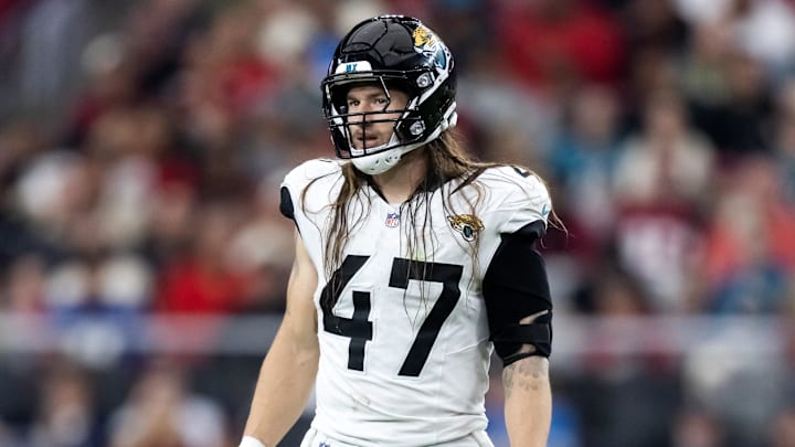 Nov 23, 2025; Glendale, Arizona, USA; Jacksonville Jaguars linebacker Dennis Gardeck (47) against the Arizona Cardinals at State Farm Stadium. Mandatory Credit: Mark J. Rebilas-Imagn Images