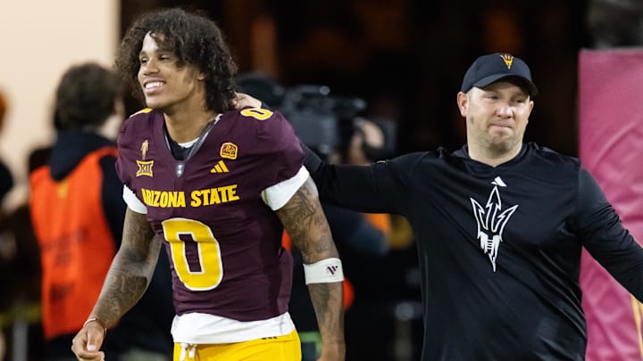 Nov 28, 2025; Tempe, Arizona, USA; Arizona State Sun Devils wide receiver Jordyn Tyson (0) with head coach Kenny Dillingham against the Arizona Wildcats during the 99th Territorial Cup at Mountain America Stadium. Mandatory Credit: Mark J. Rebilas-Imagn Images