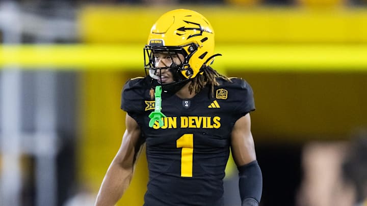 Oct 25, 2025; Tempe, Arizona, USA; Arizona State Sun Devils defensive back Keith Abney II (1) against the Houston Cougars at Mountain America Stadium. Mandatory Credit: Mark J. Rebilas-Imagn Images