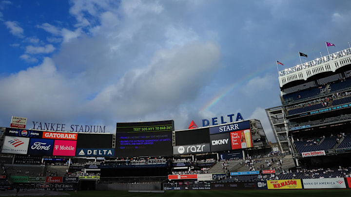 Jun 7, 2025; Bronx, New York, USA; General view of Yankee Stadium as a faint rainbow appears after a brief rain storm before a game between the New York Yankees and the Boston Red Sox. Mandatory Credit: Brad Penner-Imagn Images