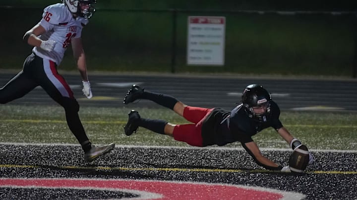 North Polk’s Bryce Burke makes a diving attempt for a reception in the end zone against ADM-Adel Friday, Sept. 12, 2025, during a high school football game at North Polk Stadium in Alleman. The ball fell incomplete. Mandatory Credit: Bryon Houlgrave-The Des Moines Register
