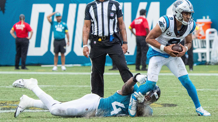 Jacksonville Jaguars defensive end Travon Walker (44) tries to sack Carolina Panthers quarterback Bryce Young (9) during the fourth quarter of an NFL football game between the Carolina Panthers at Jacksonville Jaguars at EverBank Stadium Sunday September 7, 2025. Jaguars defeated the Panthers 26-10. [Doug Engle/Florida Times-Union]
