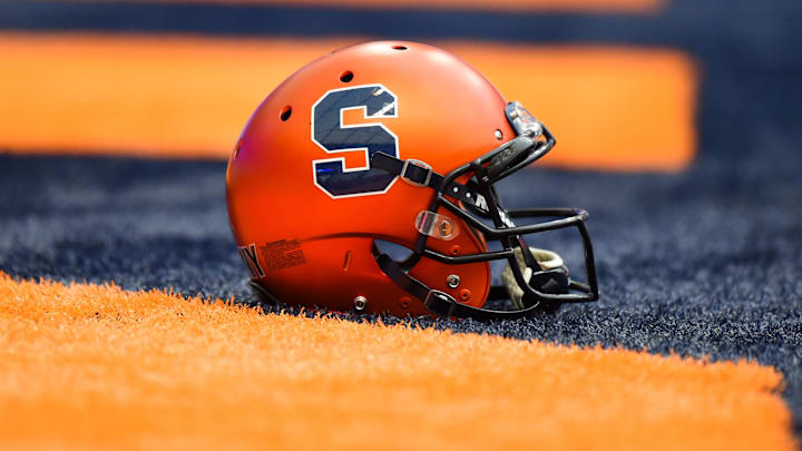 Sep 16, 2017; Syracuse, NY, USA; General view of a Syracuse Orange helmet on the turf prior to the game against the Central Michigan Chippewas at the Carrier Dome. Mandatory Credit: Rich Barnes-Imagn Images