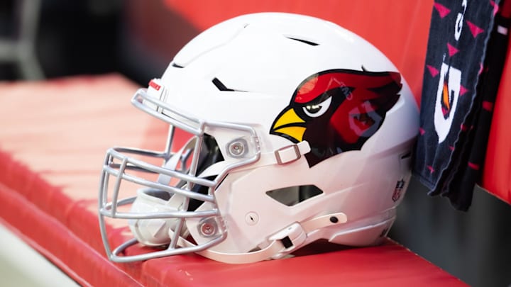 Jan 5, 2025; Glendale, Arizona, USA; Detailed view of an Arizona Cardinals helmet at State Farm Stadium. Mandatory Credit: Mark J. Rebilas-Imagn Images