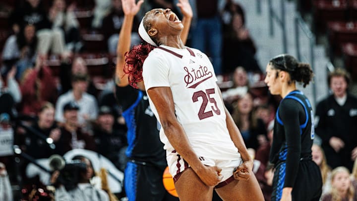 Mississippi State junior Favour Nwaedozi celebrates during the Bulldogs' win against No. 7 Kentcuky.