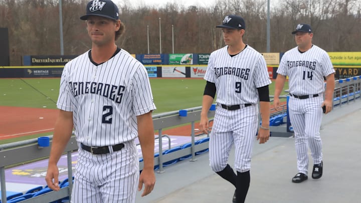 Hudson Valley Renegades players, from left, Ben Cowles, Ben Rice and Spencer Henson arrive for media