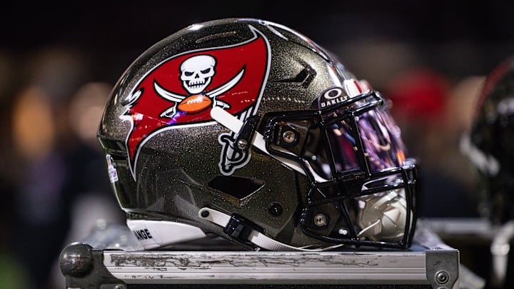 Detailed view of the Tampa Bay Buccaneers helmet against the New Orleans Saints.