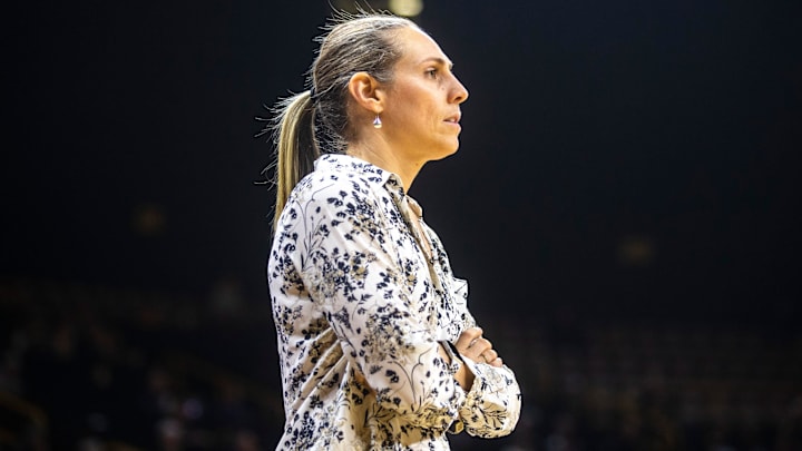 Princeton head coach Carla Berube looks on during an NCAA non-conference women's basketball game, Wednesday, Nov. 20, 2019, at Carver-Hawkeye Arena in Iowa City, Iowa.
