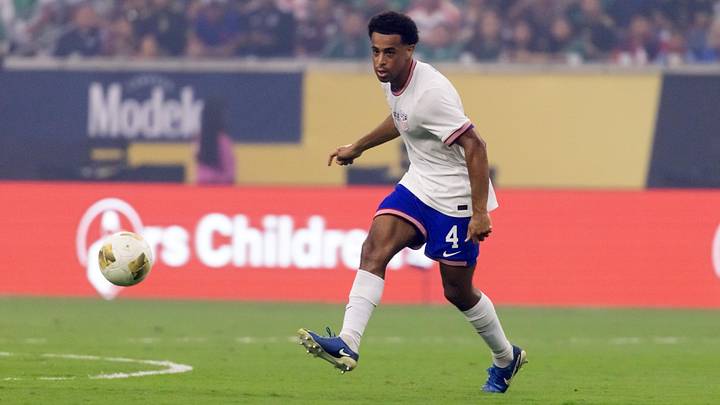 Jul 6, 2025; Houston, Texas, USA; United States midfielder Tyler Adams (4) against Mexico during the 2025 Gold Cup Final soccer match at NRG Stadium. Mandatory Credit: Mark J. Rebilas-Imagn Images