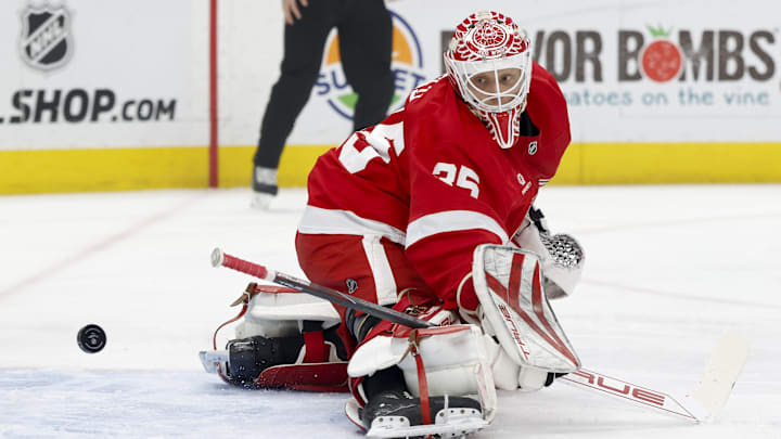 Jan 14, 2025; Detroit, Michigan, USA;  Detroit Red Wings goaltender Ville Husso (35) watches the puck go in for a goal in the first period against the San Jose Sharks at Little Caesars Arena. Mandatory Credit: Rick Osentoski-Imagn Images