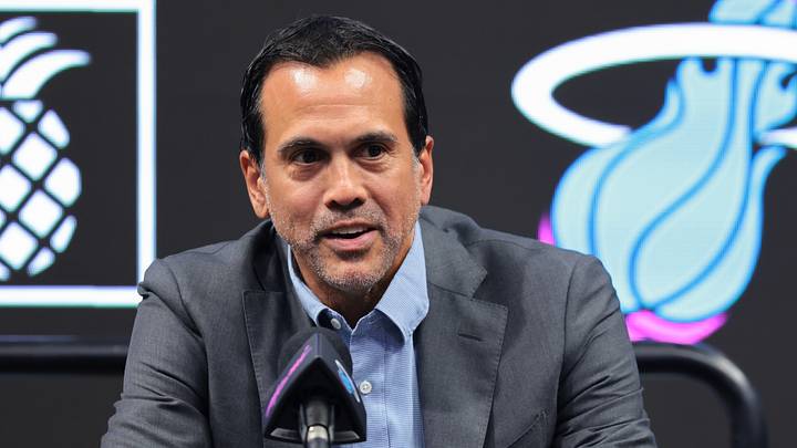 Miami Heat head coach Erik Spoelstra speaks (Mandatory Credit: Sam Navarro-Imagn Images)