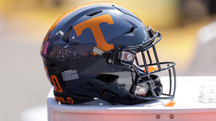 Oct 8, 2022; Baton Rouge, Louisiana, USA; Tennessee Volunteers helmet against the LSU Tigers during the second half at Tiger Stadium. Mandatory Credit: Stephen Lew-Imagn Images
