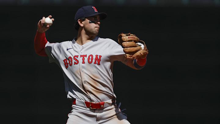 Jun 18, 2025; Seattle, Washington, USA; Boston Red Sox third baseman Marcelo Mayer (39) throws to first base for an out against the Seattle Mariners during the eighth inning at T-Mobile Park. Mandatory Credit: Joe Nicholson-Imagn Images