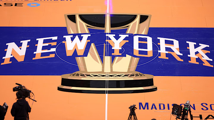 Nov 24, 2023; New York, New York, USA; General view of the in-season tournament court logo during warmups before a game between the New York Knicks and the Miami Heat at Madison Square Garden. Mandatory Credit: Brad Penner-Imagn Images Nov 24, 2023; New York, New York, USA; General view of the in-season tournament court logo during warmups before a game between the New York Knicks and the Miami Heat at Madison Square Garden. Mandatory Credit: Brad Penner-Imagn Images