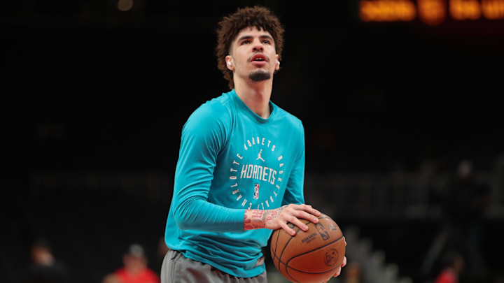 Mar 12, 2025; Atlanta, Georgia, USA; Charlotte Hornets guard LaMelo Ball (1) warms up on the court before the game against the Atlanta Hawks at State Farm Arena. Mandatory Credit: Mady Mertens-Imagn Images