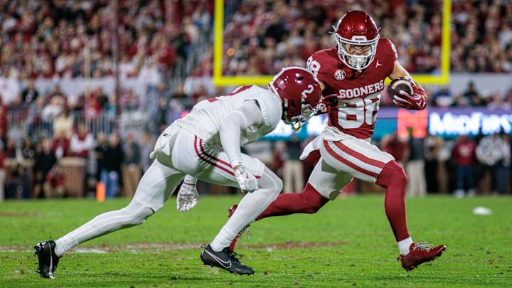 Oklahoma wide receiver Jacob Jordan makes a play in the Sooners' 2024 upset victory over the Alabama Crimson Tide.
