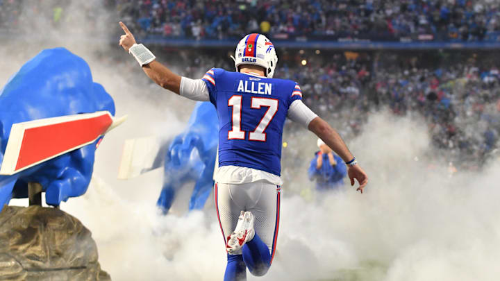 Dec 17, 2023; Orchard Park, New York, USA; Buffalo Bills quarterback Josh Allen (17) takes the field