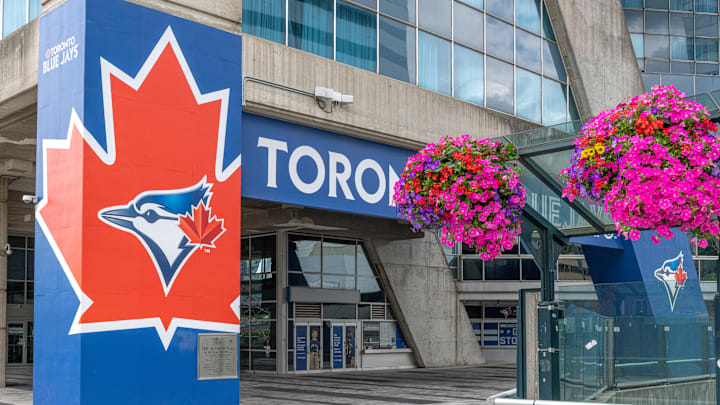 Toronto Blue Jays logo at the entrance of the Rogers Centre...