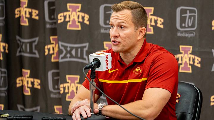 Head Coach T.J. Otzelberger speaks to reporters during Iowa State Men's Basketball media day in Ames, Wednesday, Oct. 12, 2022. Head Coach T.J. Otzelberger speaks to reporters during Iowa State Men's Basketball media day in Ames, Wednesday, Oct. 12, 2022.