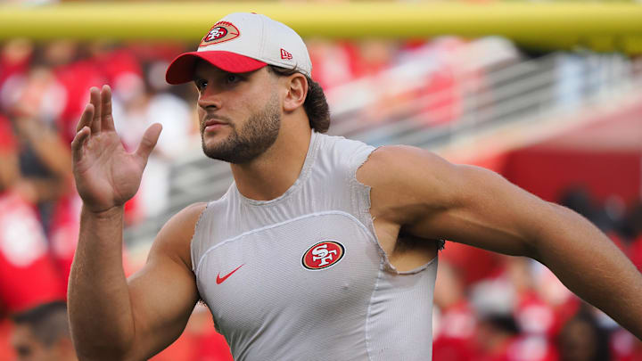 Oct 27, 2024; Santa Clara, California, USA; San Francisco 49ers defensive lineman Nick Bosa (97) warms up before the game against the Dallas Cowboys at Levi's Stadium. Mandatory Credit: Kelley L Cox-Imagn Images Oct 27, 2024; Santa Clara, California, USA; San Francisco 49ers defensive lineman Nick Bosa (97) warms up before the game against the Dallas Cowboys at Levi's Stadium. Mandatory Credit: Kelley L Cox-Imagn Images