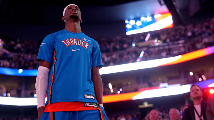 Dec 2, 2025; San Francisco, California, USA; Oklahoma City Thunder guard Shai Gilgeous-Alexander (2) stands on the court before the start of the game against the Golden State Warriors at the Chase Center. Mandatory Credit: Cary Edmondson-Imagn Images