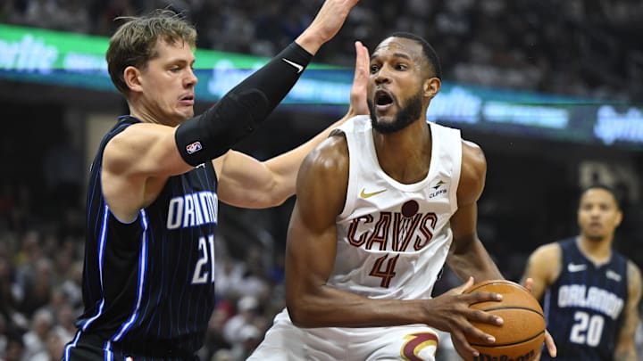 Apr 22, 2024; Cleveland, Ohio, USA; Orlando Magic center Moritz Wagner (21) defends Cleveland Cavaliers forward Evan Mobley (4) in the second quarter during game two of the first round of the 2024 NBA playoffs at Rocket Mortgage FieldHouse. Mandatory Credit: David Richard-Imagn Images