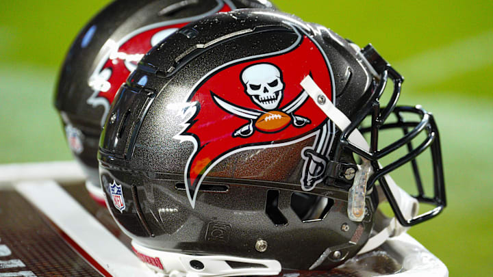 Nov 4, 2024; Kansas City, Missouri, USA; A general view of Tampa Bay Buccaneers helmets against the Kansas City Chiefs during the first half at GEHA Field at Arrowhead Stadium. Mandatory Credit: Denny Medley-Imagn Images