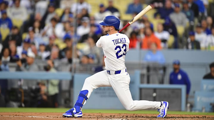 May 13, 2026; Los Angeles, California, USA; Los Angeles Dodgers right fielder Kyle Tucker (23) hits a double in the second inning against the San Francisco Giants at Dodger Stadium. Mandatory Credit: Gary A. Vasquez-Imagn Images