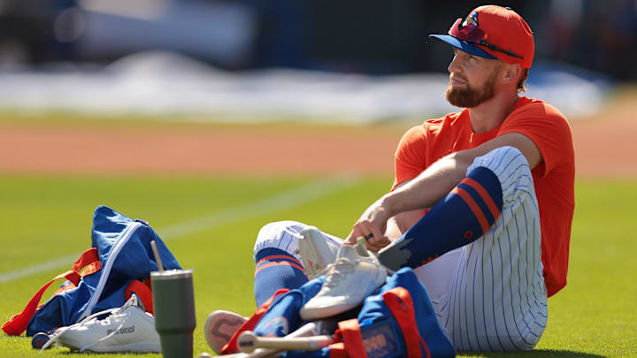 Feb 17, 2025; Port St. Lucie, FL, USA; New York Mets left fielder Brandon Nimmo (9) looks on during a spring training workout at Clover Park. Mandatory Credit: Sam Navarro-Imagn Images