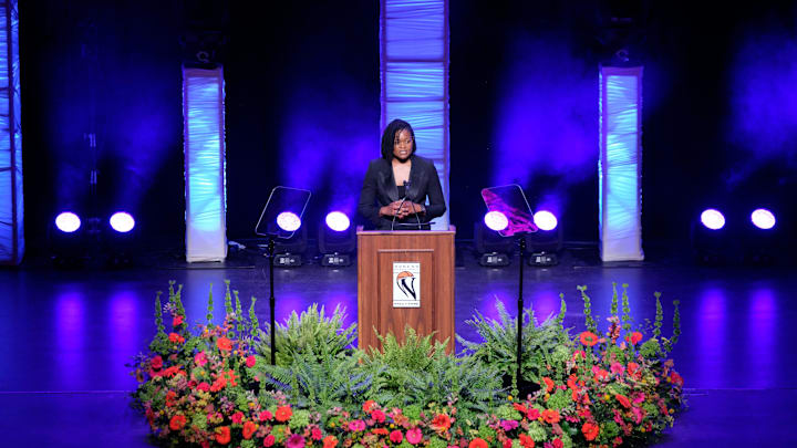 Women's Basketball Hall of Fame Inductee, Alana Beard, gives her remarks during the 2025 Women’s Basketball Hall of Fame Induction Ceremony at the Tennessee Theatre, June 14, 2025, in Knoxville, Tenn. (Shawn Millsaps/Special to News Sentinel)