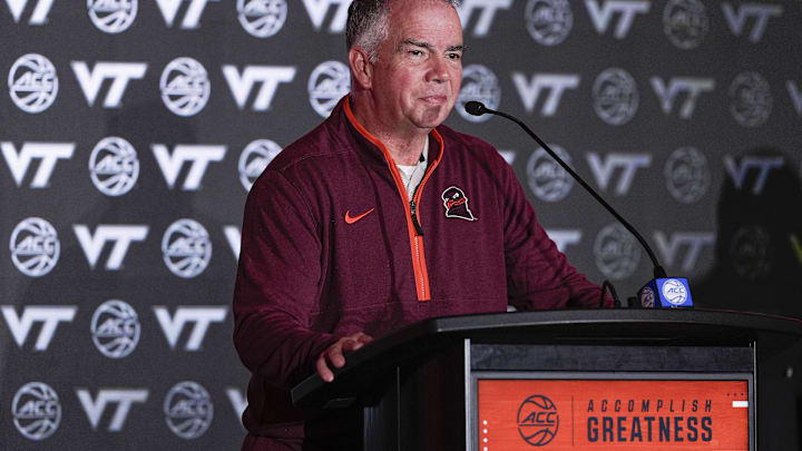 Oct 10, 2024; Charlotte, NC, USA; Virginia player Tech head coach Mike Young at The Hilton Charlotte Uptown. Mandatory Credit: Jim Dedmon-Imagn Images Oct 10, 2024; Charlotte, NC, USA; Virginia player Tech head coach Mike Young at The Hilton Charlotte Uptown. Mandatory Credit: Jim Dedmon-Imagn Images
