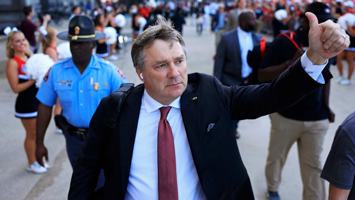 Georgia Bulldogs head coach Kirby Smart gives a thumbs up he arrives for the Dawg Walk before an NCAA college football matchup against the Florida Gators Saturday, Nov. 2, 2024 at EverBank Stadium in Jacksonville, Fla. [Corey Perrine/Florida Times-Union]