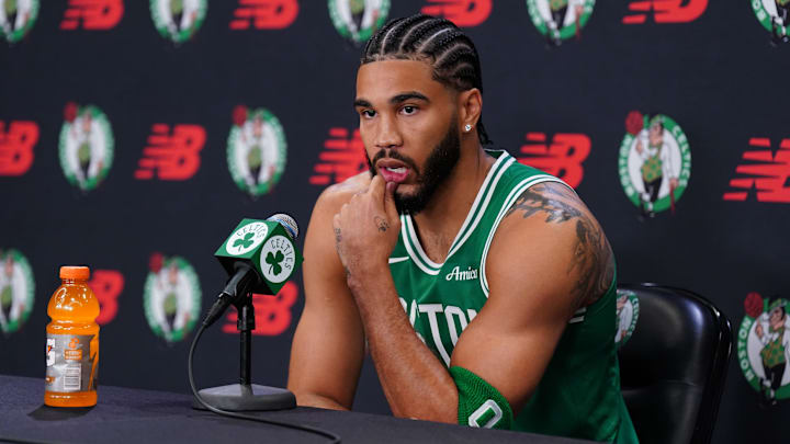 Sep 29, 2025; Boston, MA, USA;Boston Celtics forward Jayson Tatum (0) talks with reporters during media day at the Auerbach Center. Mandatory Credit: David Butler II-Imagn Images