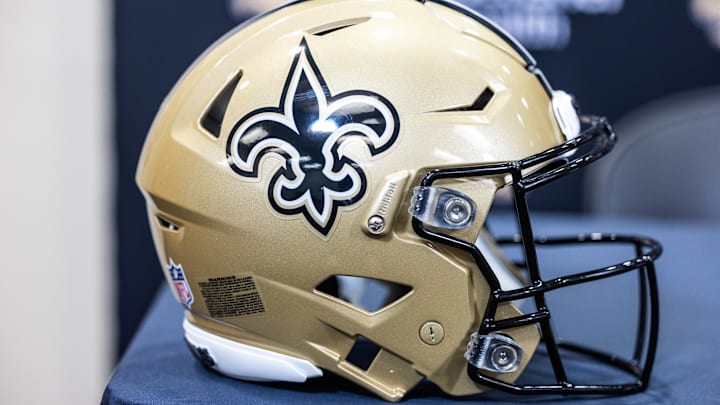 Mar 11, 2023; Metairie, LA, USA;  Detailed view of New Orleans Saints helmet at Ochsner Sports Performance Center. Mandatory Credit: Stephen Lew-Imagn Images