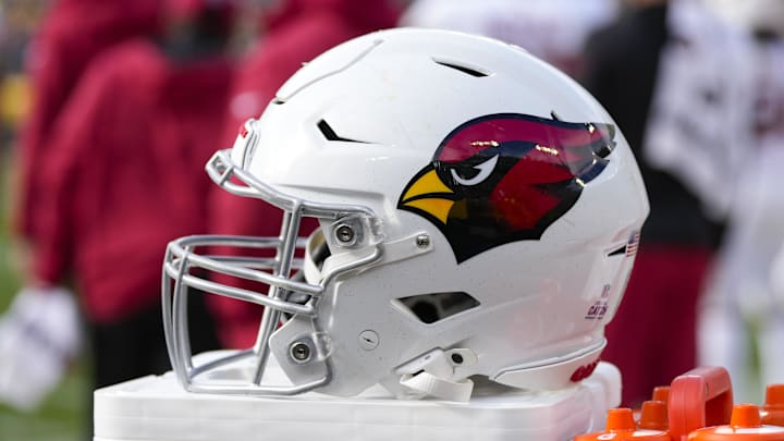 Oct 13, 2024; Green Bay, Wisconsin, USA;  General view of an Arizona Cardinals helmet during the game against the Green Bay Packers at Lambeau Field. Mandatory Credit: Jeff Hanisch-Imagn Images